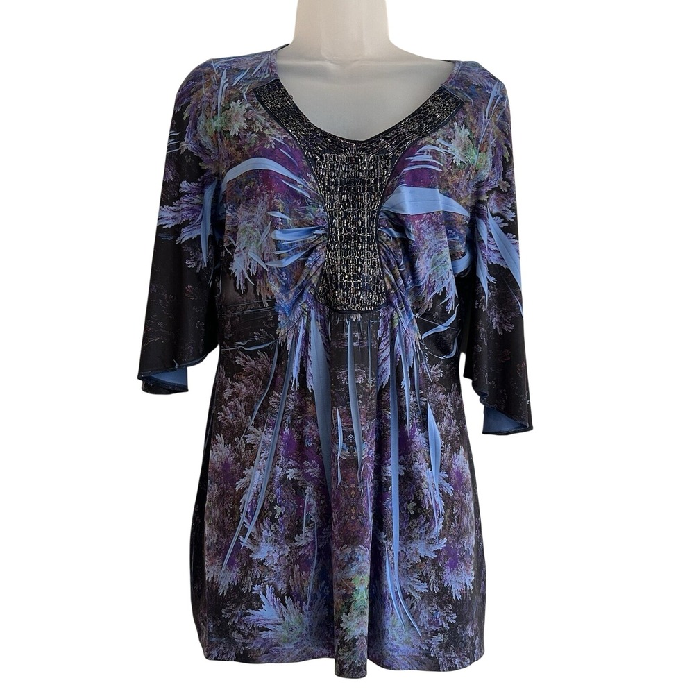 One World Tunic Top Sz P M Fairy Grunge Beaded Boho Hippie Floral Flare Sleeve
